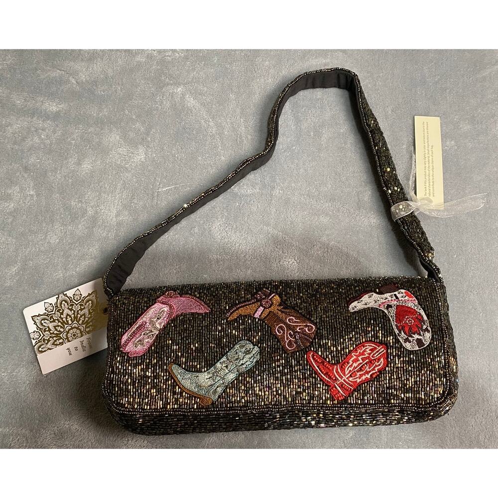 Unbranded Shoulder Bag Black Multicolor Beaded Small Cowboy Boots Novelty NWT - Picture 2 of 9